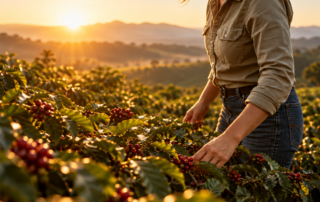 engenheiro agrônomo colhendo café ao por do sol