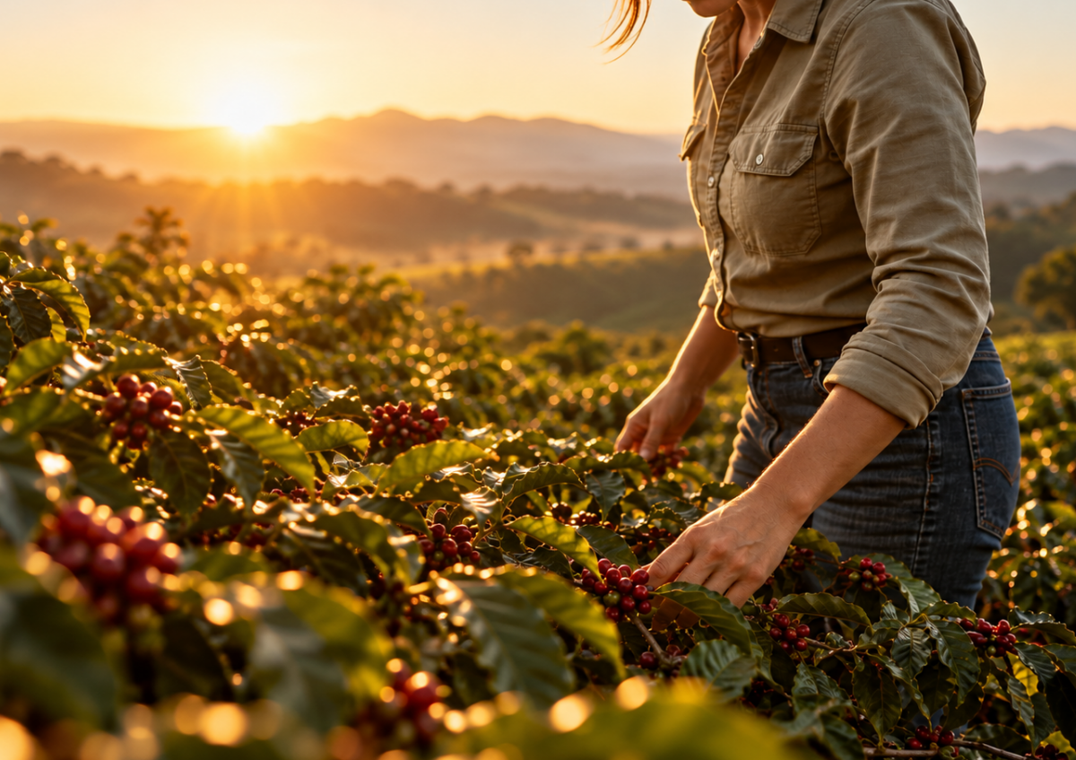 engenheiro agrônomo colhendo café ao por do sol